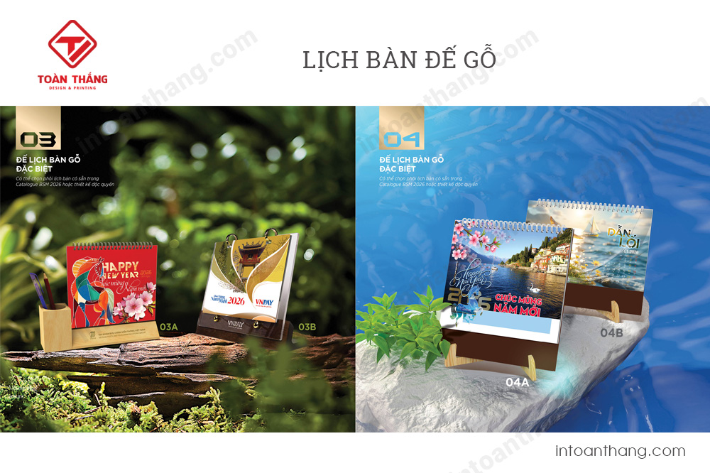 in lịch để bàn đế gỗ