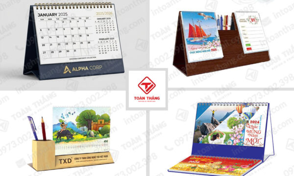 Các kiểu dáng lịch để bàn phổ biến: Lịch chữ A, lịch ống bút, lịch đế gỗ và lịch chữ M