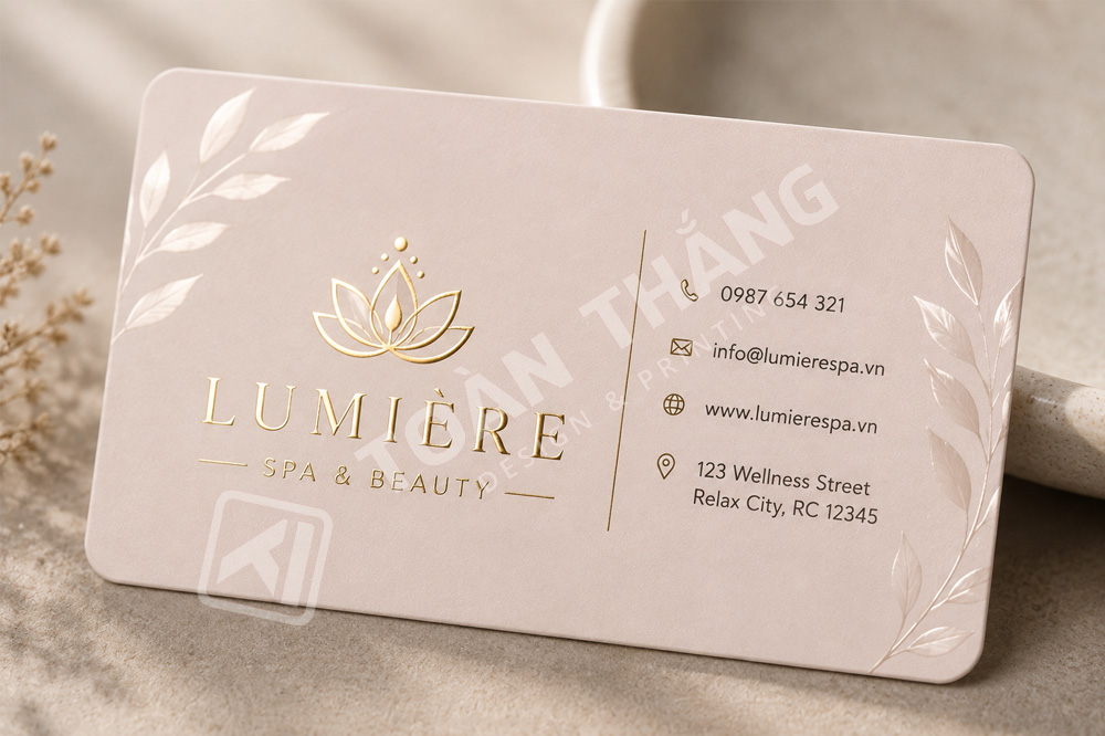 Cận cảnh danh thiếp spa gia công ép kim logo và bo góc tròn tinh tế.
