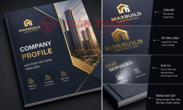 Catalogue dịch vụ cao cấp được gia công cán mờ, ép kim và đóng keo gáy sang trọng