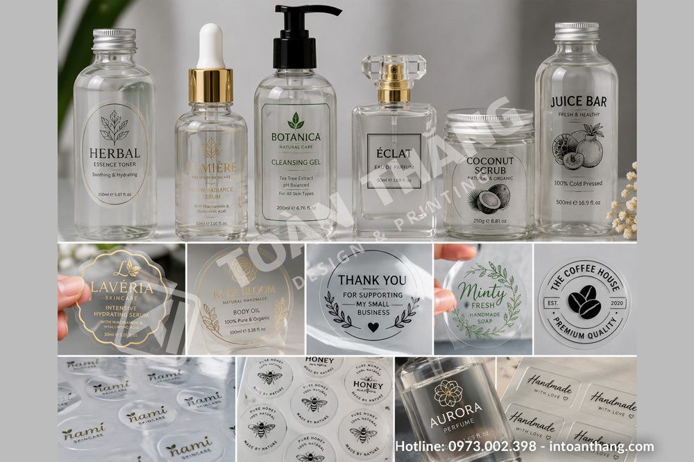 Mẫu tem decal trong suốt dán chai serum mỹ phẩm