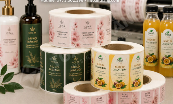 Cuộn tem decal nhựa dùng cho chai mỹ phẩm và đồ uống.