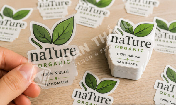 Tem nhãn nhựa cắt bế theo đường viền logo riêng.
