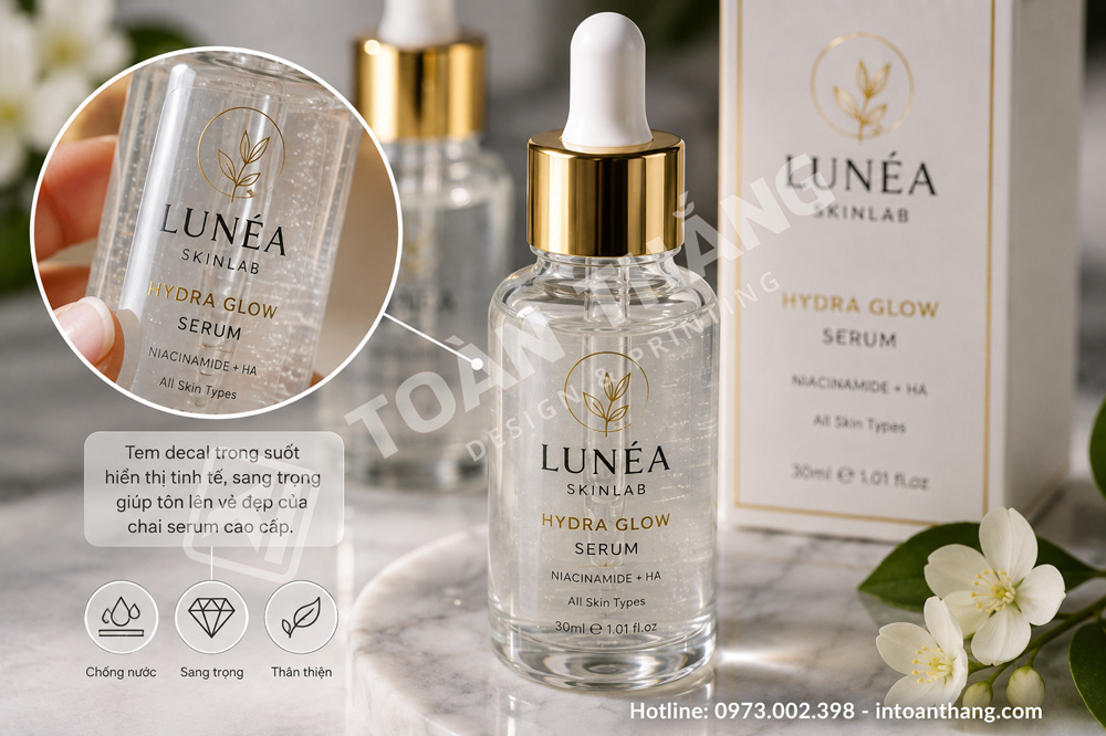 Tem decal trong cho chai serum mỹ phẩm.