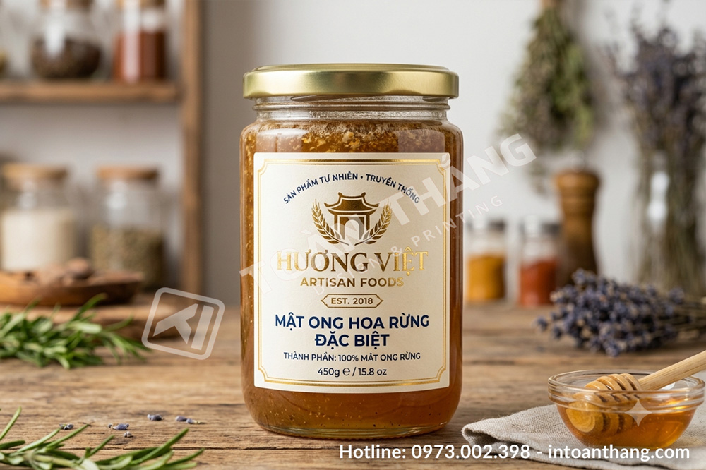 Tem thực phẩm ép kim logo nhũ vàng sang trọng.