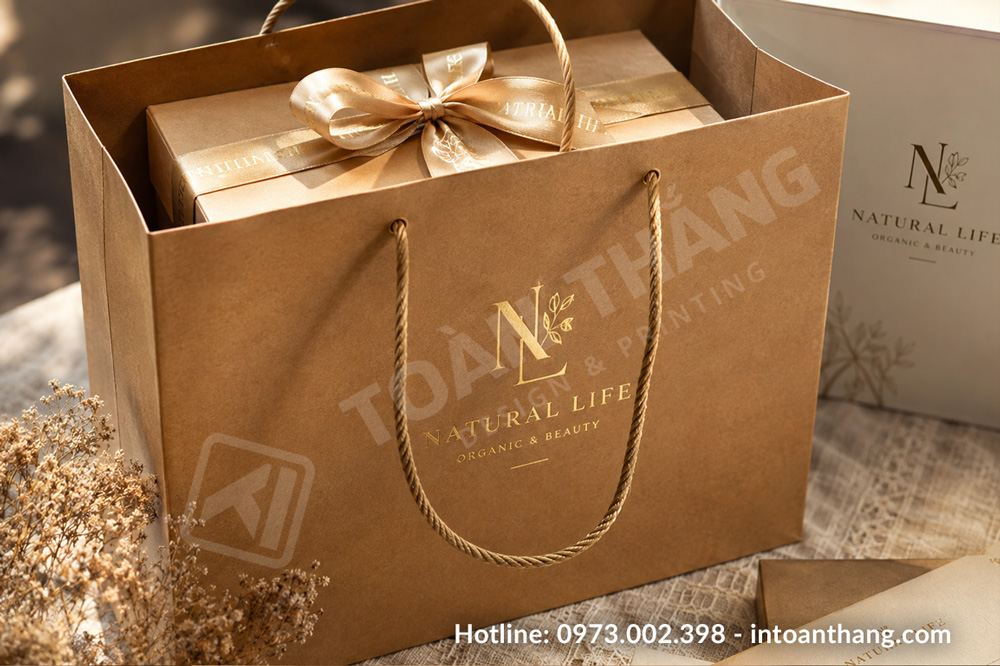 Túi giấy Kraft đựng quà tặng ép kim nhũ vàng nổi bật